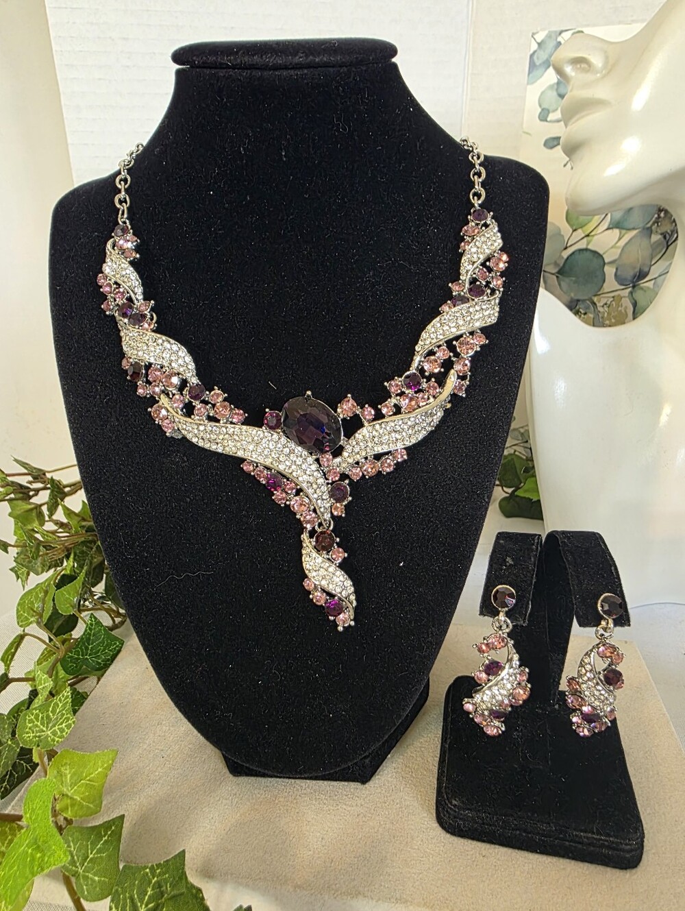 Glam Amethyst Purple & Dust Rose Crystal Swirl Statement Jewelry Set